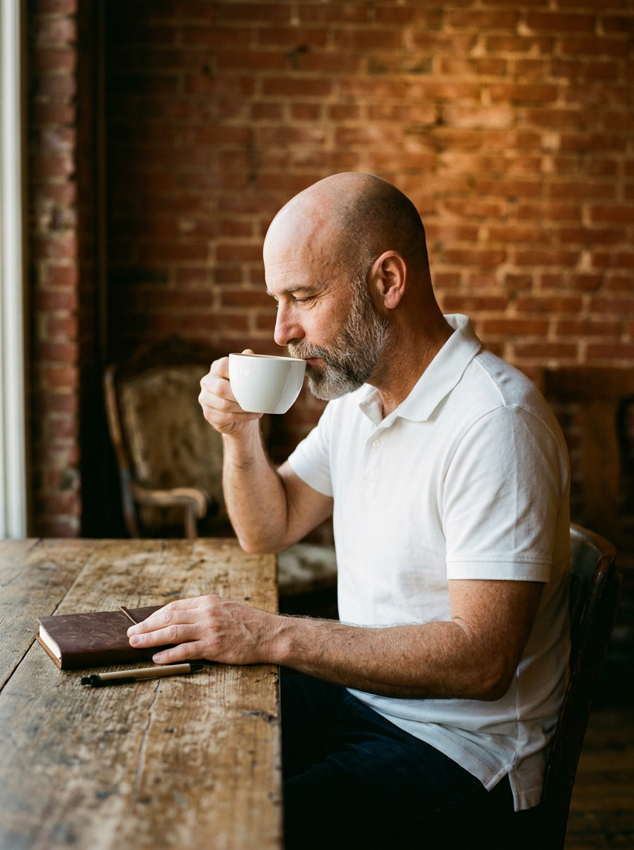 Un homme chauve à la barbe grise, en polo blanc, boit un café à une table en bois devant un mur de briques.