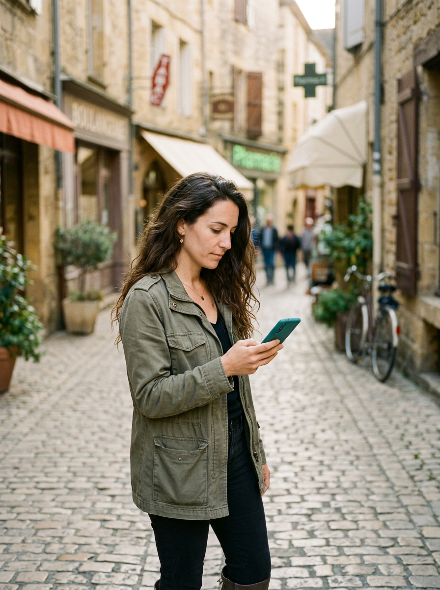 Une femme aux cheveux longs et ondulés, en veste kaki, regarde son téléphone dans une rue pavée d'une petite ville, entre une boulangerie et une pharmacie.